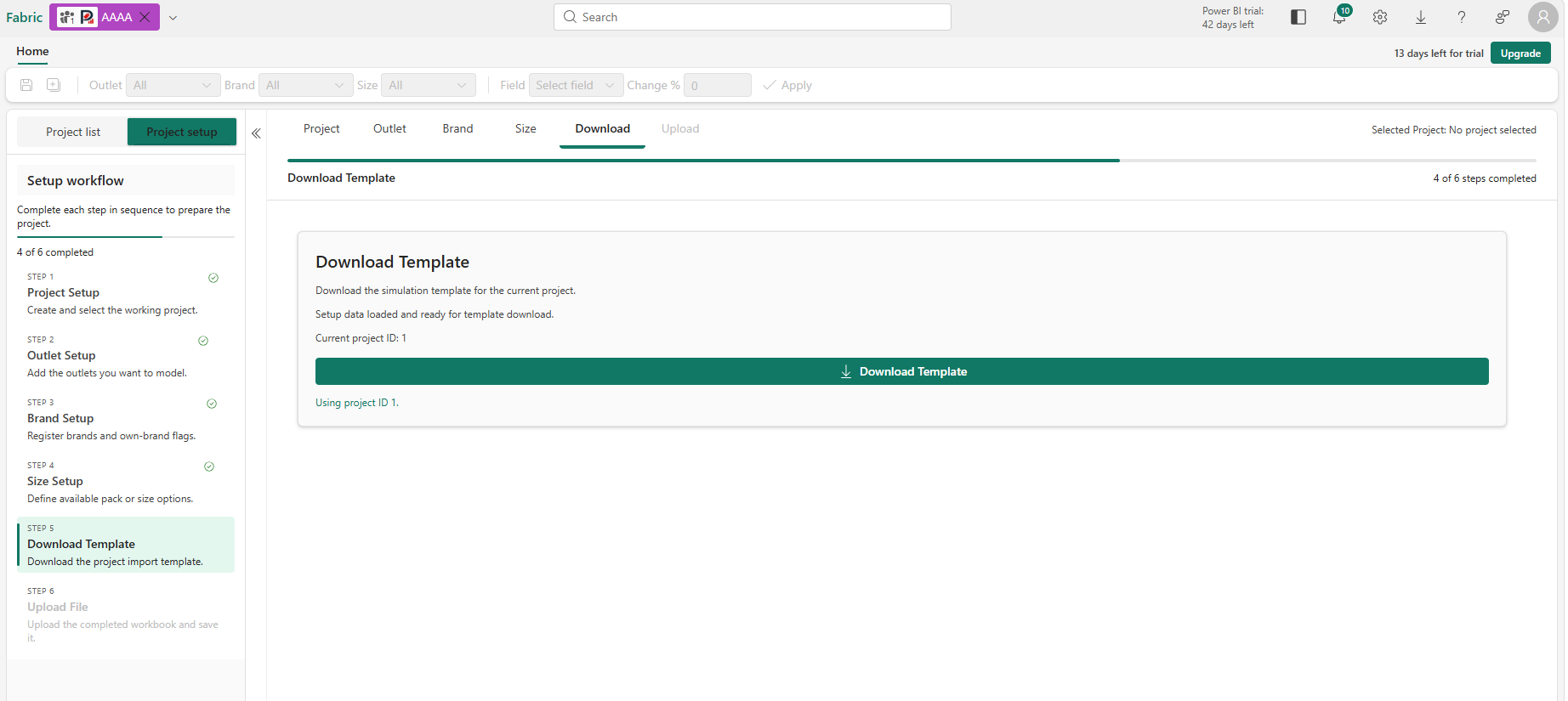 Project setup Download step with the setup workflow at 4 of 6 steps completed and the Download Template button