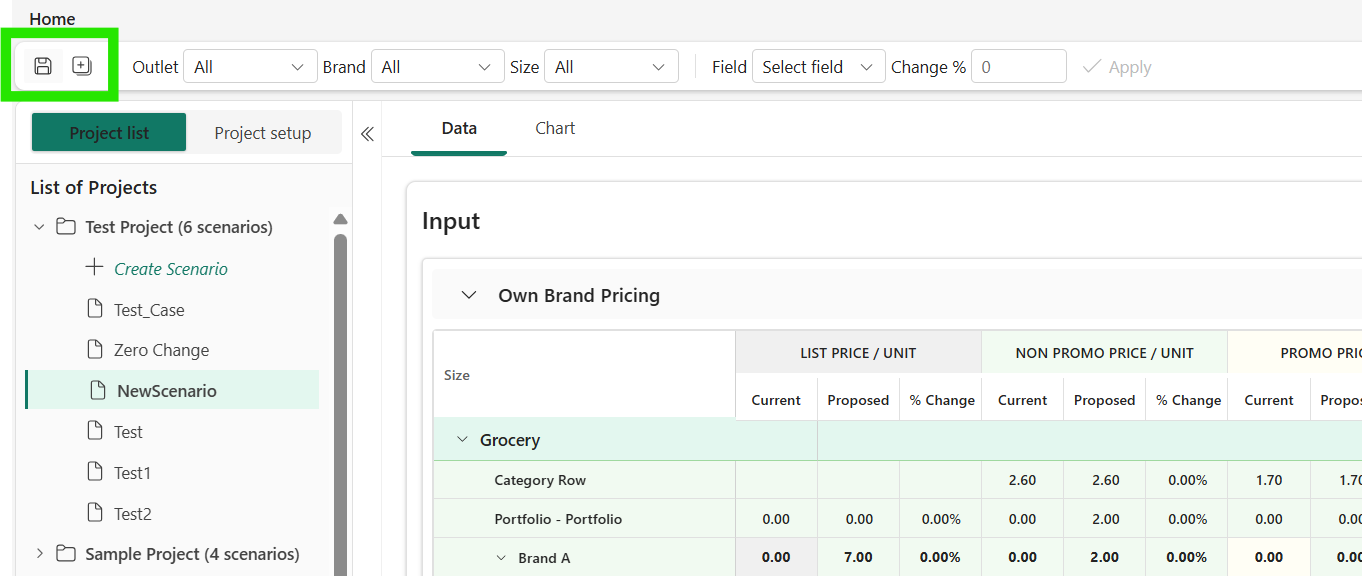 Scenario toolbar with the Save and Save As buttons highlighted above the Own Brand Pricing table