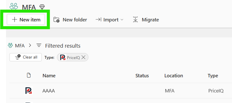 Workspace toolbar with the New item button highlighted and the item list filtered by type PriceIQ
