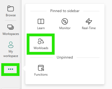 Microsoft Fabric navigation pane with the More menu open and Workloads highlighted