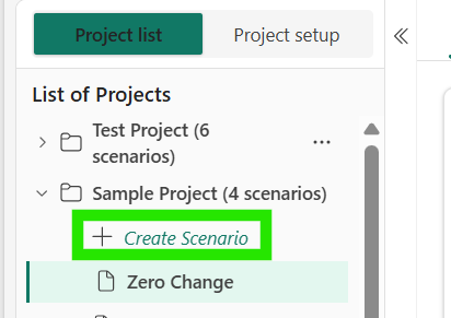 Project list with the Create Scenario option under a project