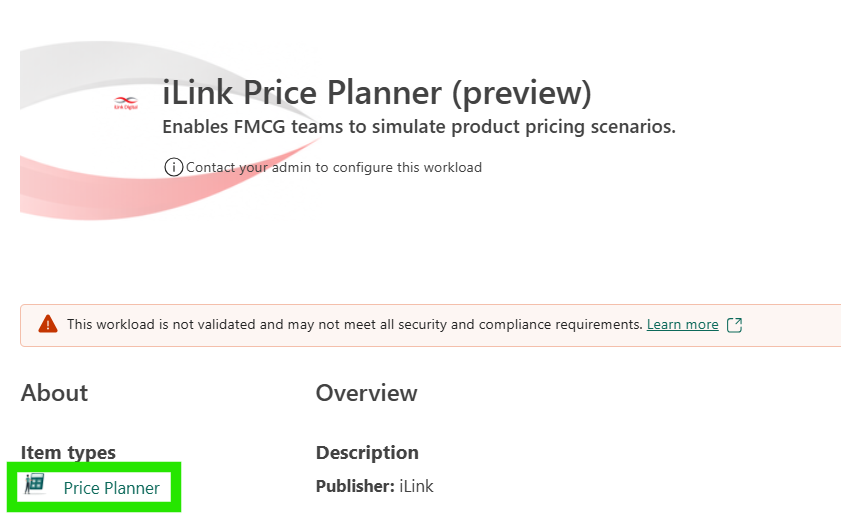 iLink Price Planner workload page in Microsoft Fabric with the Price Planner item type highlighted