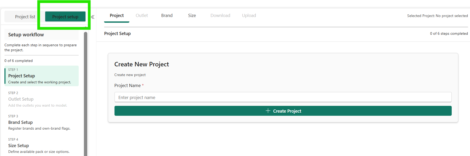 Project setup tab showing the setup workflow and Create New Project form