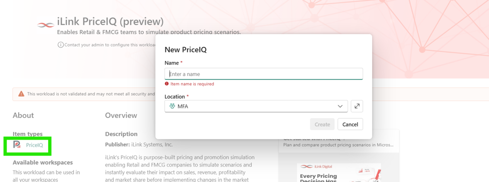 iLink PriceQuant workload page in Microsoft Fabric with the PriceQuant item type highlighted and the New PriceQuant dialog open