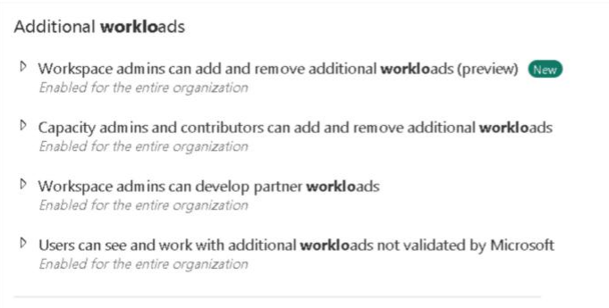 Additional workloads settings in the Microsoft Fabric Admin Portal, enabled for the entire organization