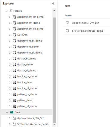 Lakehouse menu within Fabric, showing the Tables and Files sections in Explorer.