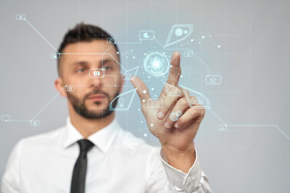 concentrated businessman clicking virtual 3d icon